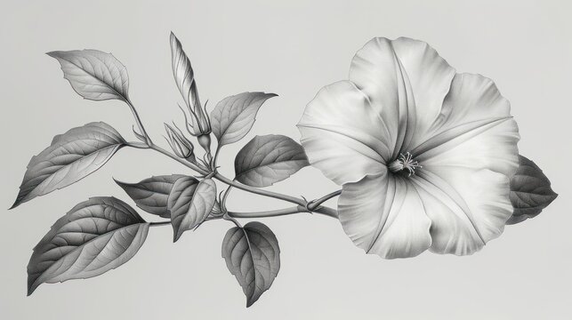  a black and white photo of a flower on a branch with leaves on a light gray background, with a black and white photo of a single flower in the foreground.