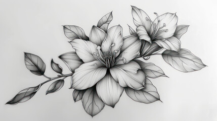  a black and white drawing of a flower with leaves on the side of the flower and a branch with leaves on the other side of the flower, on a white background.