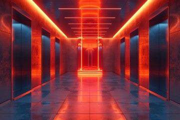A long hallway with neon lights and red walls