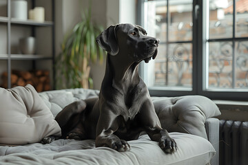 A spoiled Great Dane indoors at very modern apartament - obrazy, fototapety, plakaty