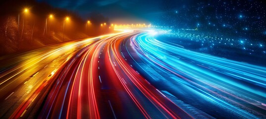 Colorful light trails on night highway. Generative AI technology.
