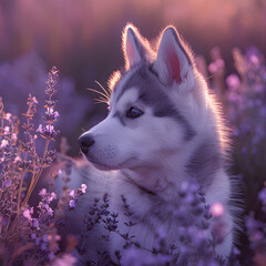a little cute husky puppy in a field of purple lavender
