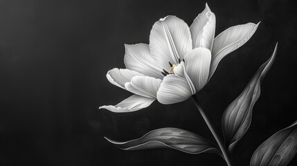 Fototapeta na wymiar a black and white photo of a flower with a yellow stamen in the middle of the flower and a black background with a yellow stamen in the middle.