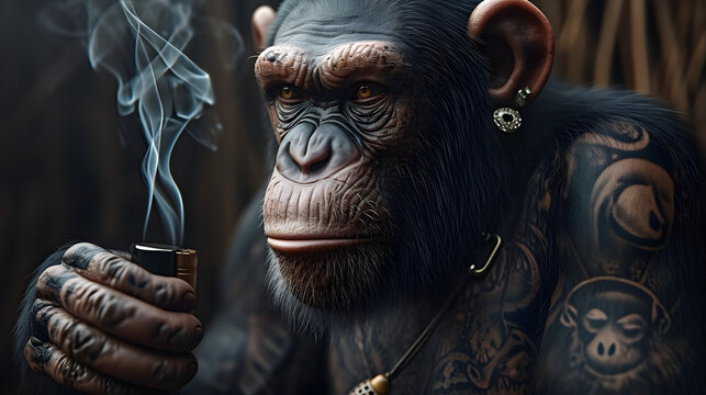 tattooed chimp smoking