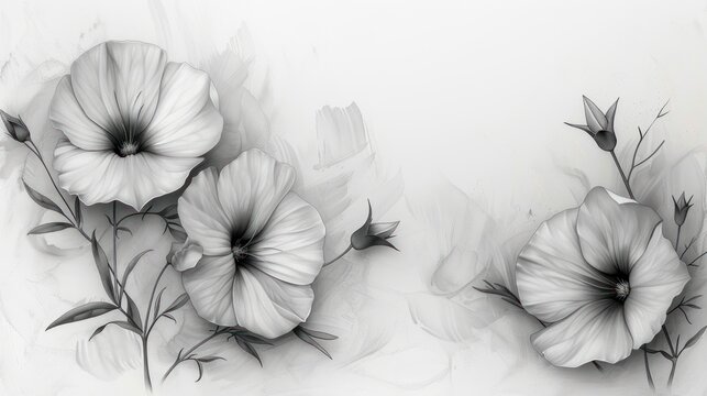  a black and white photo of three flowers on a white background, with one flower in the middle of the picture and one flower in the middle of the picture.