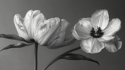  a black and white photo of two flowers on a black and white photo of two flowers on a black and white photo of two flowers on a black and white background.