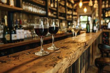 Bar counter with wine glasses - obrazy, fototapety, plakaty