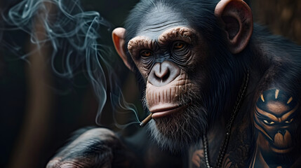 tattooed chimp smoking - obrazy, fototapety, plakaty