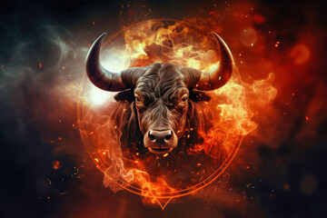 A bulls head is surrounded by fierce flames and billowing smoke, creating a dramatic and intense scene
