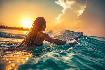 Woman surfer in the sea at sunrise or sunset, winter surfing - obrazy, fototapety, plakaty