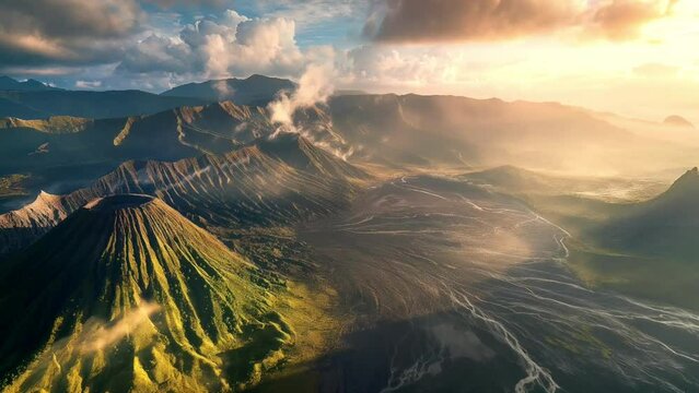Aerial view of a panorama of Indonesia's Bromo volcano from a distance on a clear morning.