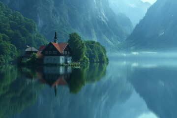 Fototapeta premium A small house sits on a lake surrounded by trees