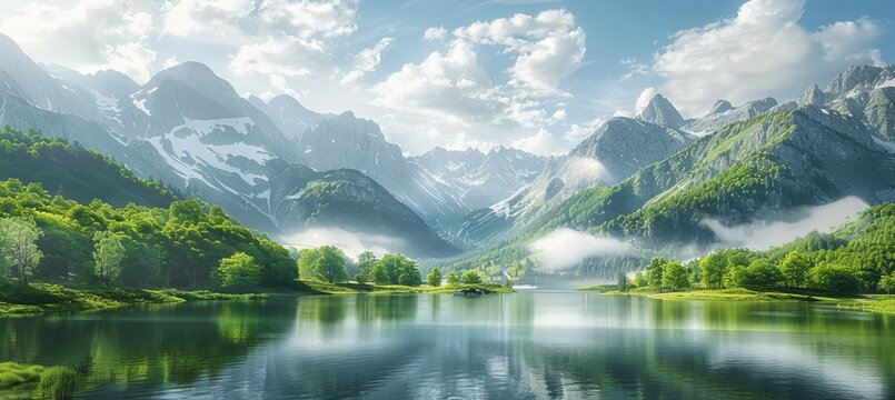 Mountain valley and lake landscape. Generative AI technology.