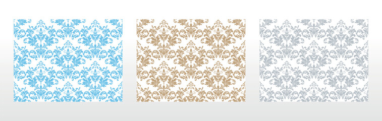 Wallpapers in the style of Baroque. Seamless vector backgrounds. Set of colored floral ornaments. Graphic patterns for fabric, wallpaper, packaging. Ornate Damask flower ornaments