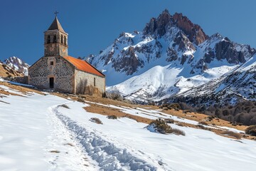 A small church is surrounded by snow and mountains