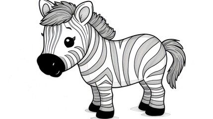  a black and white drawing of a zebra with stripes on it's body and a black nose, standing in front of a white background with a black outline of the zebra's head.