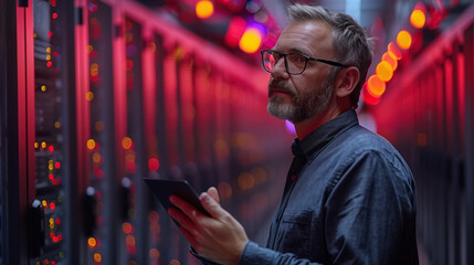 Obraz premium A businessman uses a tablet to manage and monitor data in a computer server room. The modern setting symbolizes efficiency and technology in business operations. Generative AI.