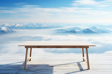 Table on empty brown wooden floor, tree with white fog cover on mountain landscape is background. Blue sky with white clouds, bright sunlight. Realistic clipart template pattern
