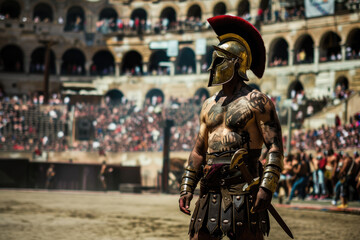 Fototapeta na wymiar Man costumed has a gladiator portrait in middle of the arena