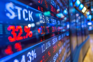 A stock market board with red numbers and a blue background