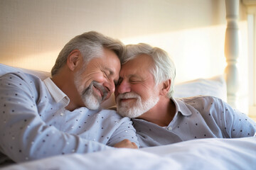 A couple of men, who are in love, lying side by side in bed
