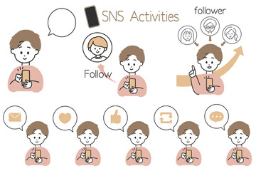 SNS運用の図解制作に便利！SNSを楽しむ男性と吹き出しアイコンのセット