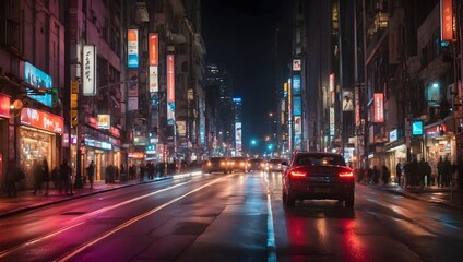 Fototapeta premium A bustling city street at night, captured in a long exposure photograph, where the lights of moving cars blur into vibrant streaks against a dark backdrop Generative AI
