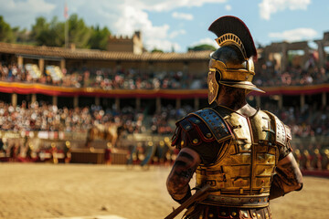 Man costumed has a gladiator portrait in middle of the arena - obrazy, fototapety, plakaty