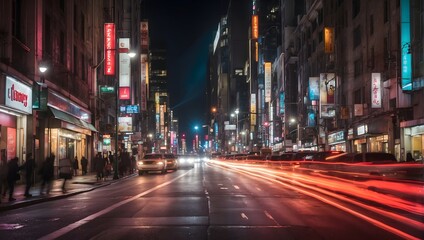A bustling city street at night, captured in a long exposure photograph, where the lights of moving cars blur into vibrant streaks against a dark backdrop Generative AI