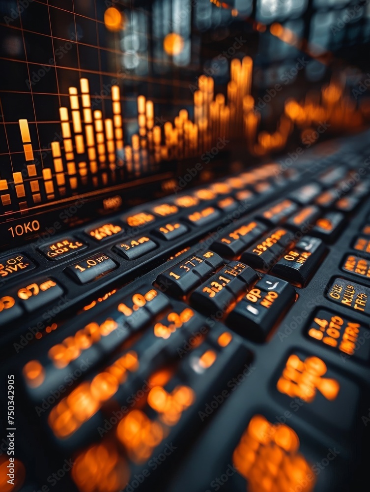 Wall mural A close up of a computer keyboard with a lot of orange numbers and letters