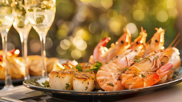 A platter of fresh seafood including grilled shrimp panseared scallops and buttery lobster tail is paired with a chilled gl of champagne. The bubbles in the wine add a refreshing