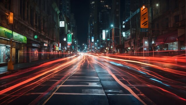 A dynamic abstract image that captures the essence of urban movement at night, highlighting the flow of traffic lights on a city road through long exposure photography Generative AI