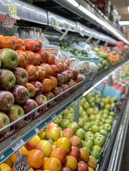 A fruit and vegetable section of a grocery store with apples, oranges