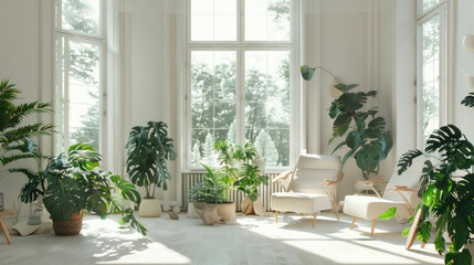 Fototapeta na wymiar modern light apartment with big windows, many plants