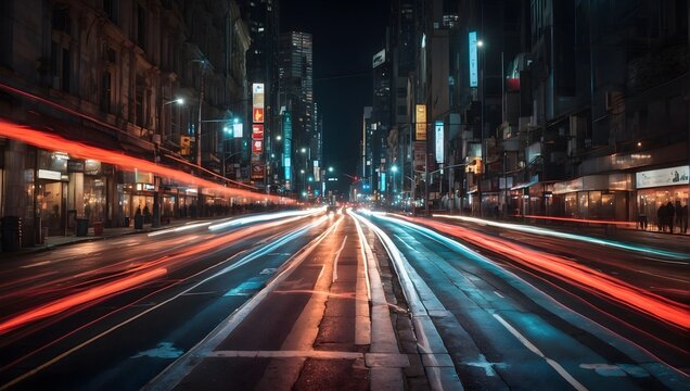 A dynamic abstract image that captures the essence of urban movement at night, highlighting the flow of traffic lights on a city road through long exposure photography Generative AI