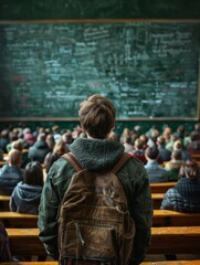 Obraz premium A young man stands in front of a chalkboard with a backpack on