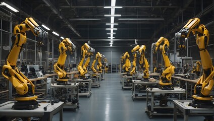 A scene capturing robotic arms in synchronized action within a modern factory setting, underscored by an advanced digital communication system Generative AI