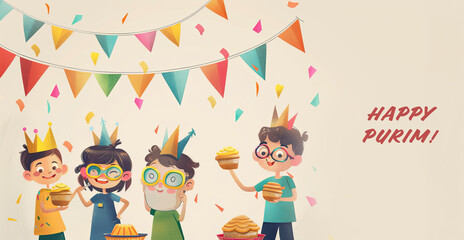 Happy Purim banner with kids, mask, Hamentashen and colorful flags on light background. Tradition concept.