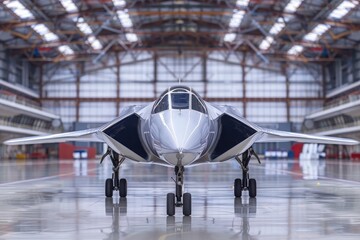 A silver jet is parked in a hangar