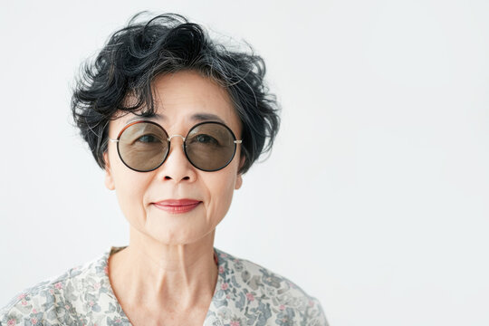 Asian senior woman with short hair and sunglasses on white background.
