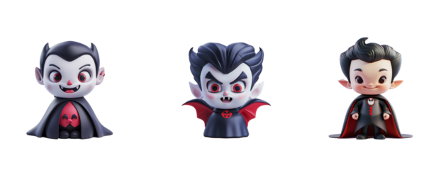 3 cute vampire characters in different poses against a transparent background, 