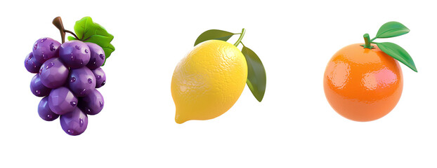 Three game icons, grapes, lemon and orange on a white background, 3D models of mobile game icons in a simple design, a game art asset sheet with no shadows and high resolution