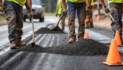 A team of road construction workers collaboratively laying down hot asphalt, meticulously leveling the gravel for road surface repairs Generative AI