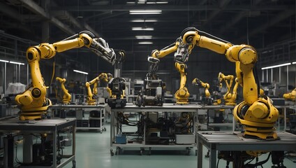 A scene capturing robotic arms in synchronized action within a modern factory setting, underscored by an advanced digital communication system Generative AI - obrazy, fototapety, plakaty
