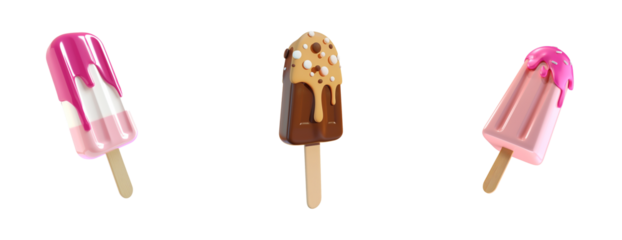 There are 3 different types of popsicle ice creams shown in 3 views: chocolate fudge, vanilla marmalade, and another flavor on a transparent background. 