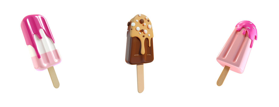 There are 3 different types of popsicle ice creams shown in 3 views: chocolate fudge, vanilla marmalade, and another flavor on a transparent background. 