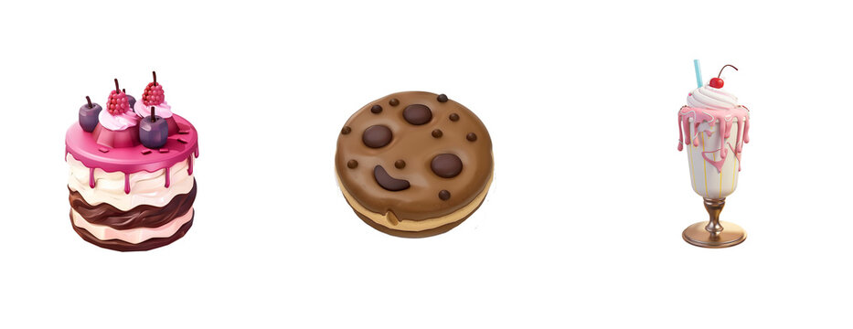 three icons side by one, a chocolate chip cookie cake and milkshake in the style of cartoon, 3d render on transparend background background, a game icon for mobile or website