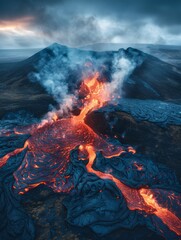A lava flow is depicted in a dark, ominous setting