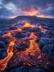A lava flow is depicted in a dark, ominous setting