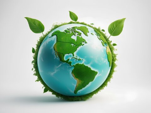 green earth with leaves on white background, isolated for design, world environment day concept 